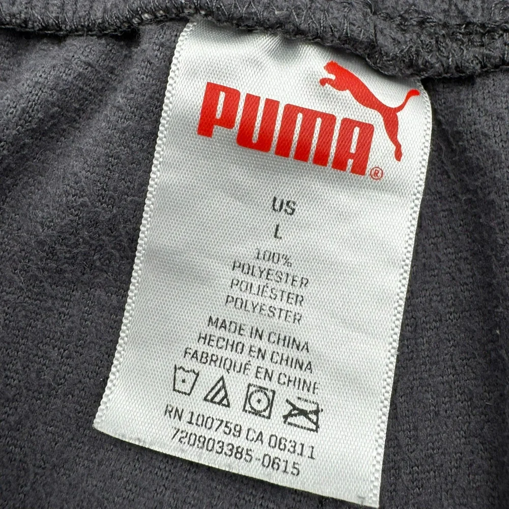 PUMA Men Large Gray Orange Fleece Sweatpants Embroidered Pull On Wide Leg Lounge